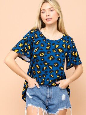 Blue Leopard Print Flutter Sleeve Top | Super Soft Stretch | NWOT | S M L